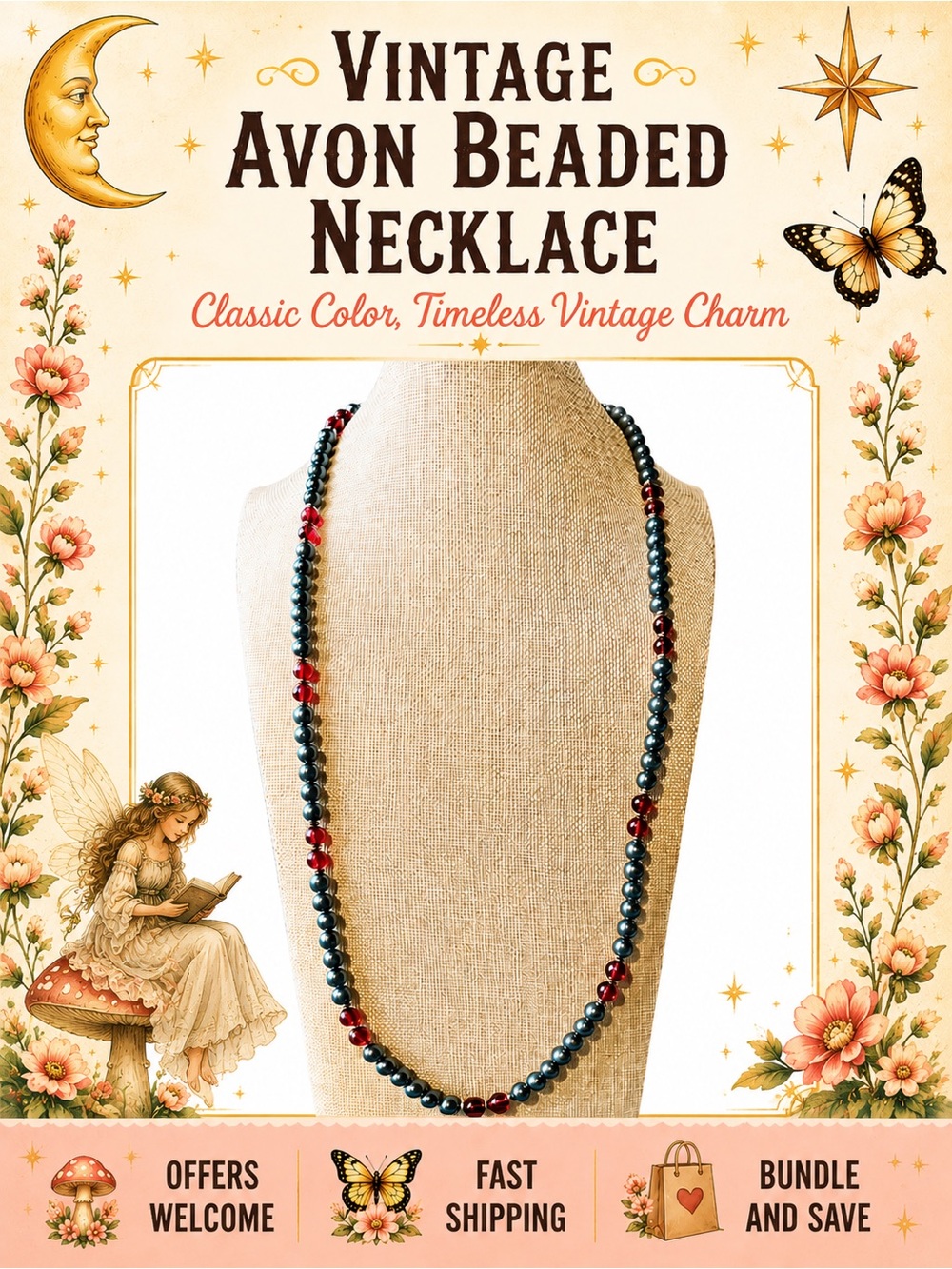 Vintage Avon Gray Burgundy Beaded Necklace Gold Tone Accent